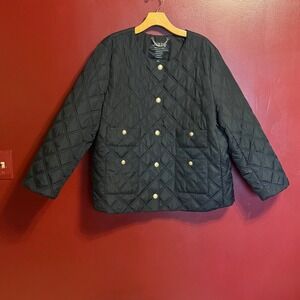 J.Crew Quilted Lady Puffer Jacket Black Quilted Gold Button PrimaLoft Size 20